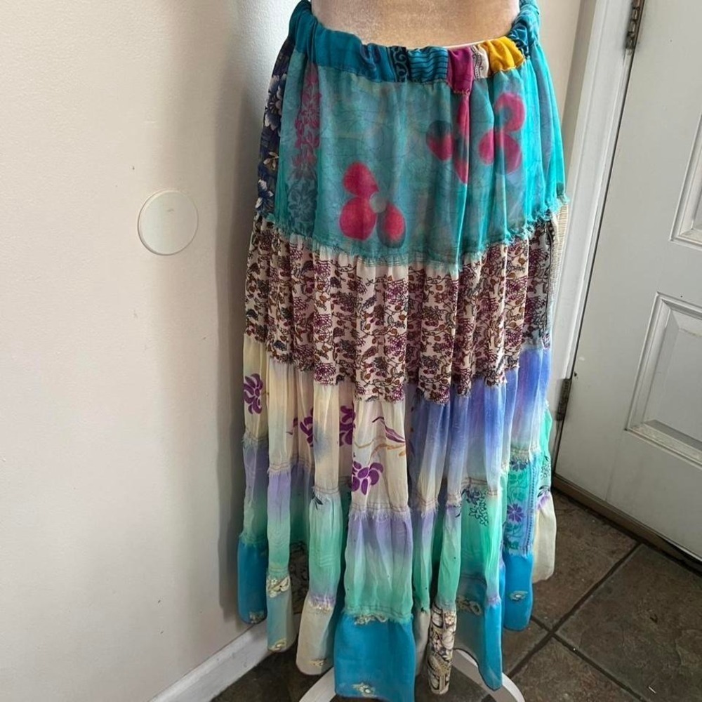 Bambu Womens Teal Purple Patchwork Tiered Boho Maxi Skirt Small - Picture 5 of 7
